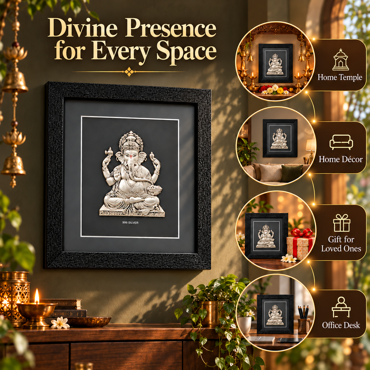 Akshat Sapphire 999 Silver Ganesh Ji Wall Hanging Frame with Black Border | Lord Ganesha Wall Decor for Home Mandir, Office & Housewarming Gift-(FRB_GANESH)