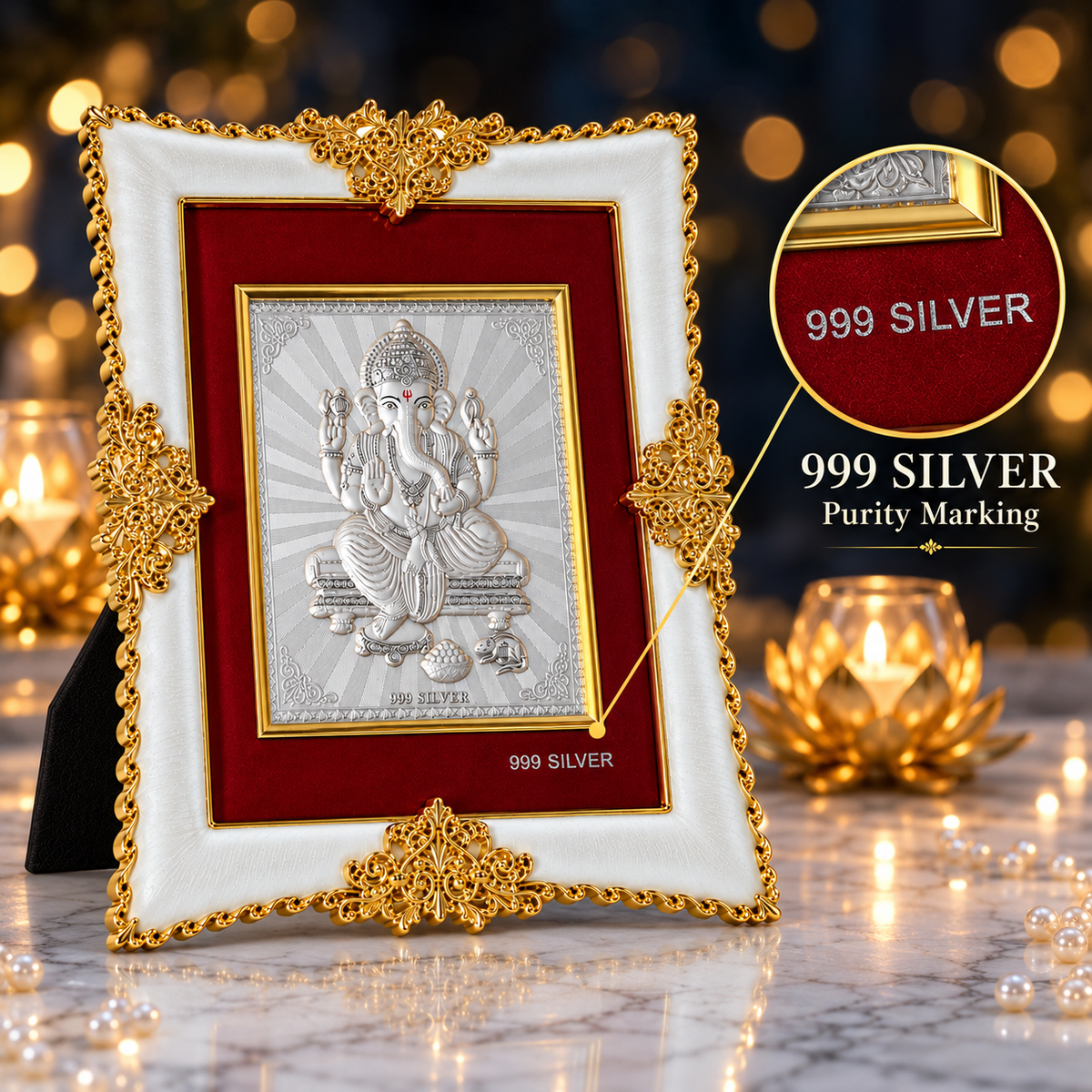 Akshat Sapphire Ganesh Ji 999 Silver Deity Panel Frame, White & Gold-Tone Border, Home Mandir & Pooja Room Decor, Ganesh Chaturthi & Housewarming Gift-(FRM_GANESH)