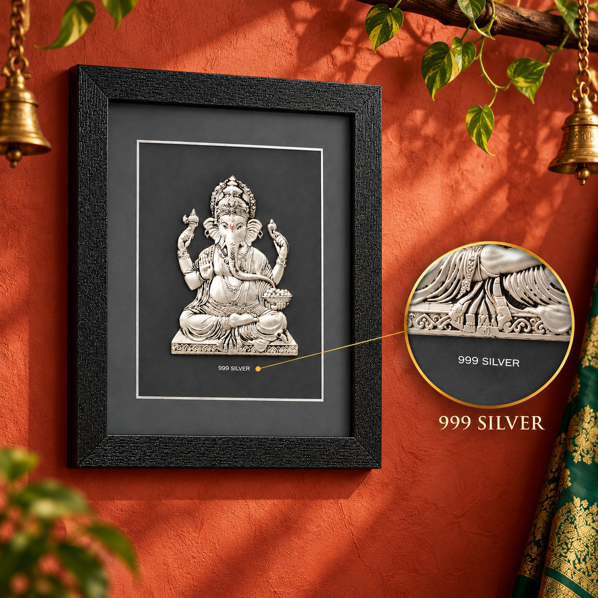 Akshat Sapphire 999 Silver Ganesh Ji Wall Hanging Frame with Black Border | Lord Ganesha Wall Decor for Home Mandir, Office & Housewarming Gift-(FRB_GANESH)