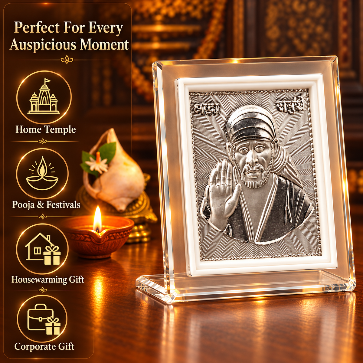 999 Marked Silver Deity Frame | Shirdi Sai Baba Religious Frame for Pooja, Home Temple & Office | Gift Ready Pack