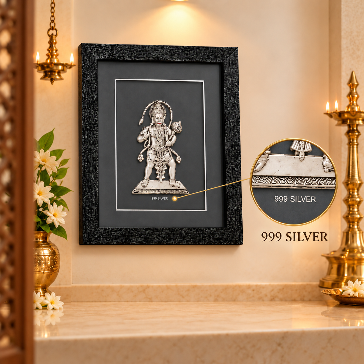 Akshat Sapphire 999 Silver Hanuman Ji Wall Hanging Frame with Black Border | Bajrang Bali Religious Wall Decor for Home Mandir, Office & Gifting