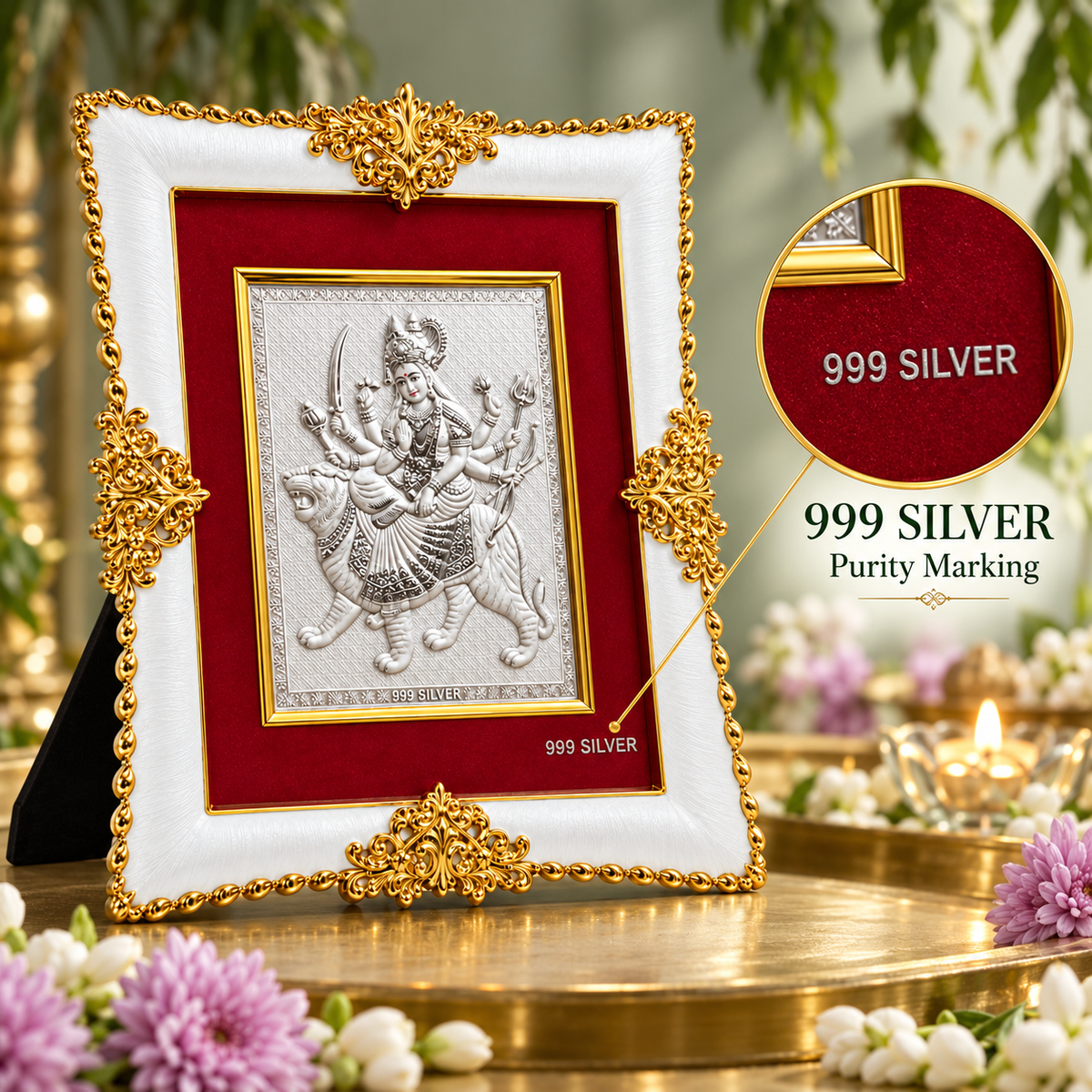 Akshat Sapphire Durga Maa 999 Silver Deity Panel Frame, White & Gold-Tone Border, Religious Decor for Home Mandir & Pooja Room, Navratri & Housewarming Gift