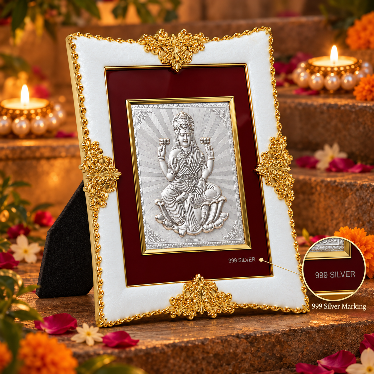 Akshat Sapphire Lakshmi Ji 999 Silver Deity Frame with Easel Stand|Home Mandir Decor, Diwali & Housewarming Gift
