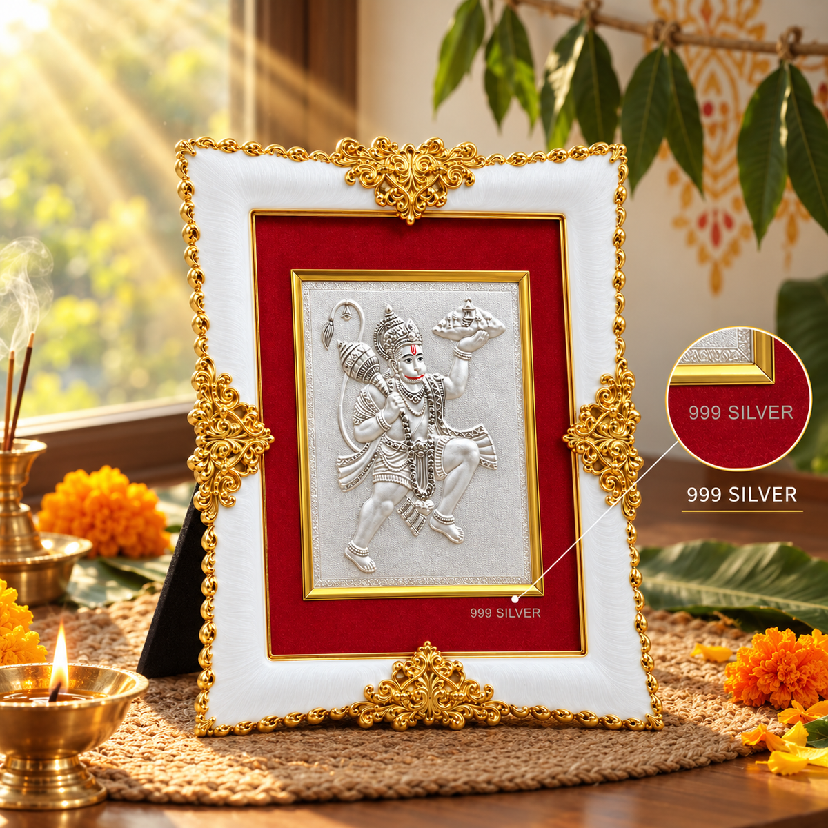 Akshat Sapphire Hanuman Ji 999 Silver Deity Frame|Religious Decor for Home Mandir & Pooja Room, Housewarming Gif-(FRM_HANUMAN)