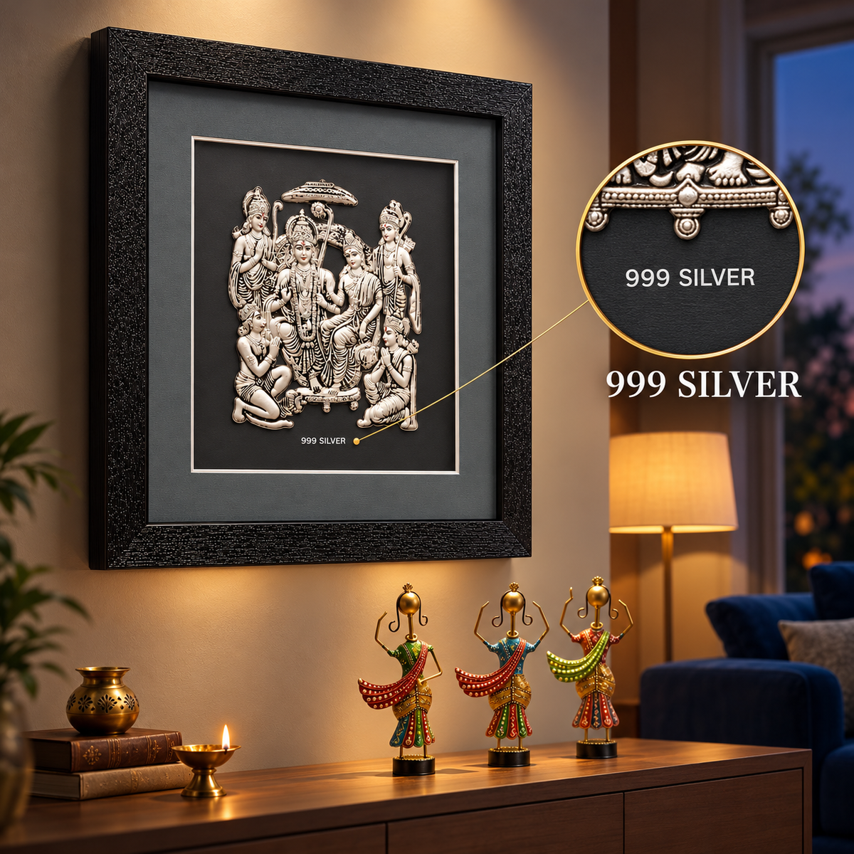Akshat Sapphire 999 Silver Ram Darbar Wall Hanging Frame with Black Border | Shri Ram Sita Lakshman Hanuman Religious Wall Decor for Home Mandir & Gifting-(FRB_Ram Darbar)