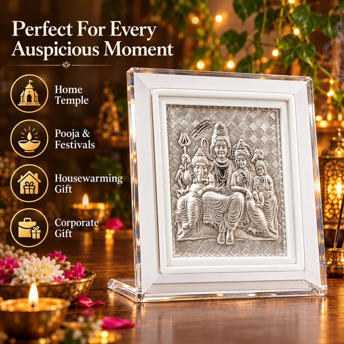 999 Silver Shiva Parivar Deity Frame | Shiv Parvati Ganesh Kartikeya | Gift Ready