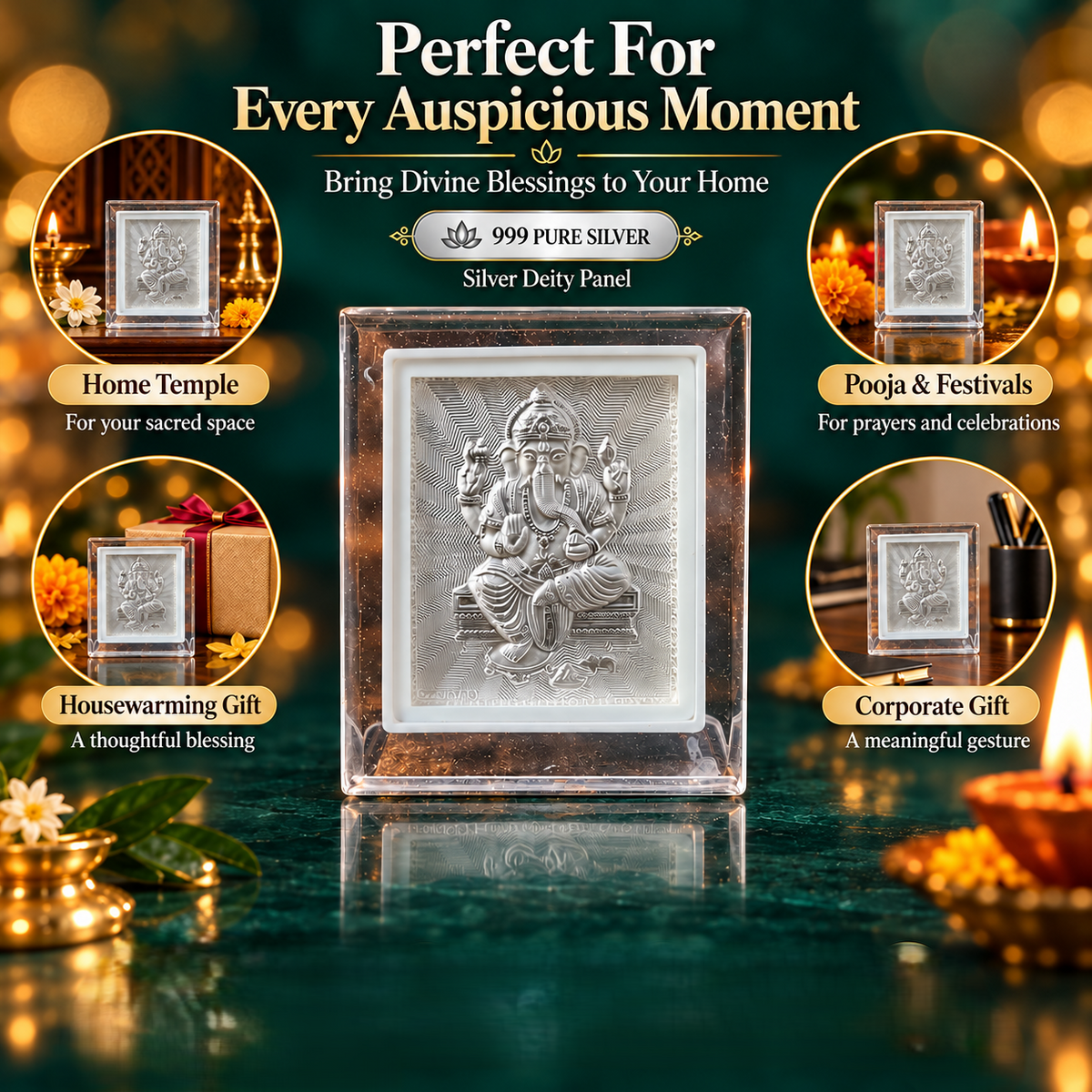 999 Pure Silver God Ganesh Frame with 999 Marking for Pooja, Home Temple, Diwali & Religious Gifting