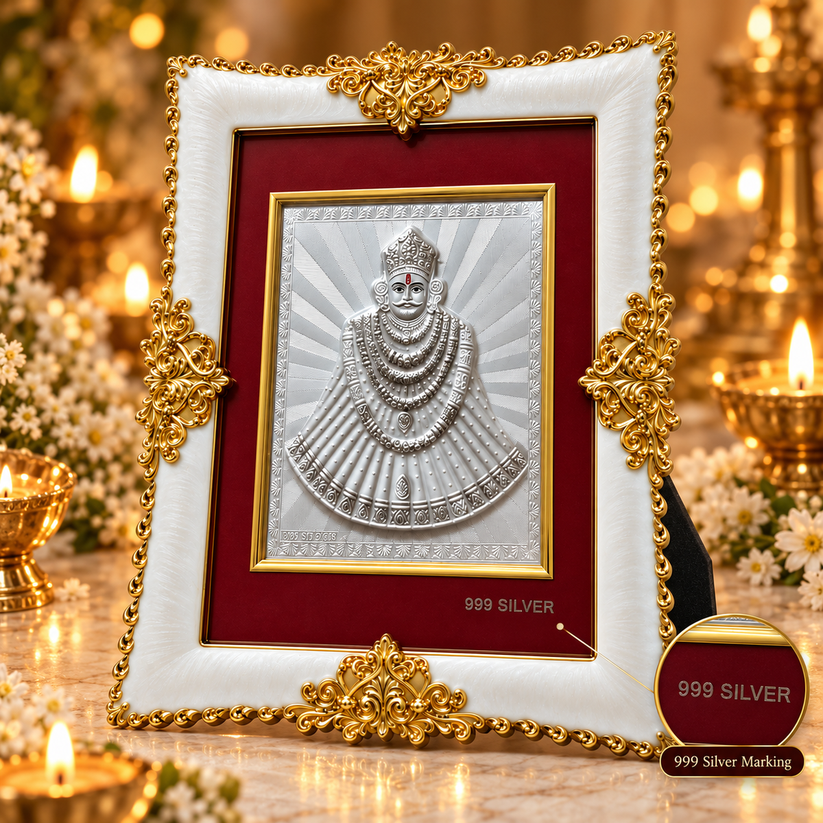 Akshat Sapphire Khatu Shyam Ji 999 Silver Deity Panel Frame, White & Gold-Tone Border, Home Mandir & Pooja Room Decor, Religious Housewarming & Diwali Gift