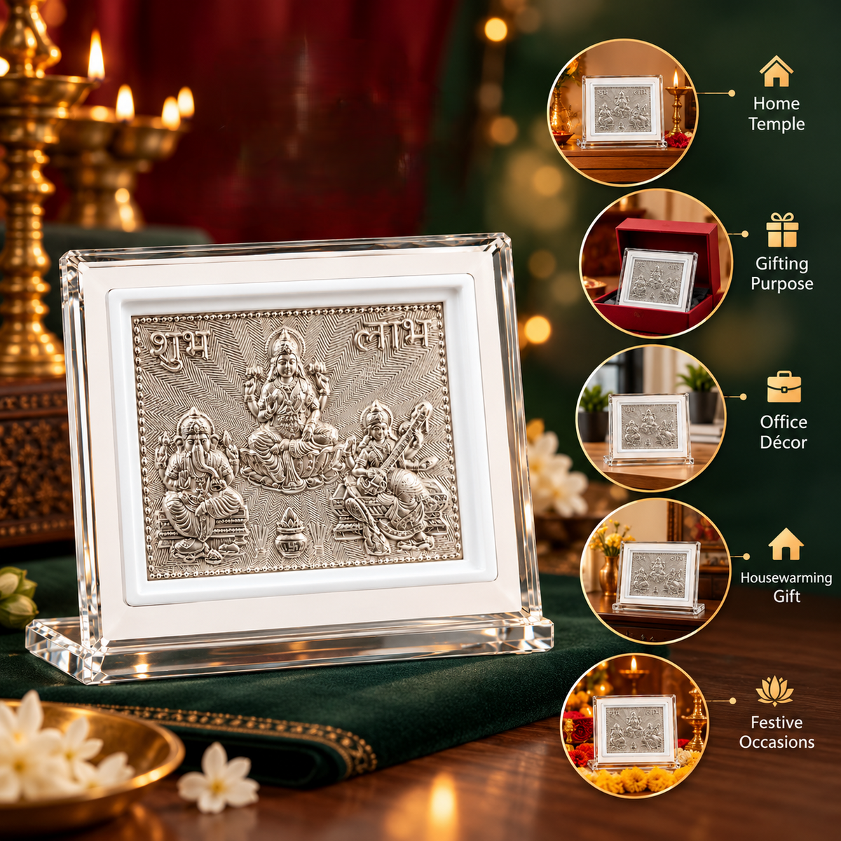 999 Pure Lakshmi Ganesh and Saraswati frame for Pooja & Home Temple Decor