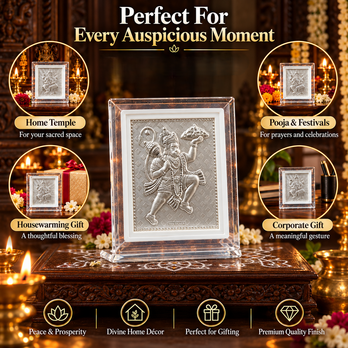999 Pure Silver God Hanuman Frame for Pooja, Home, Temple & Gifting