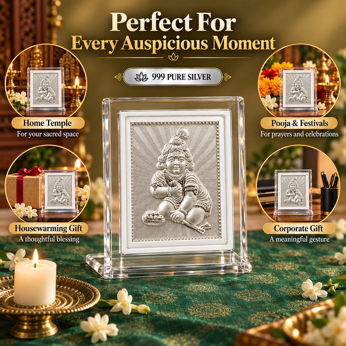 999 Pure Silver Bal Krishna Laddu Gopal Frame