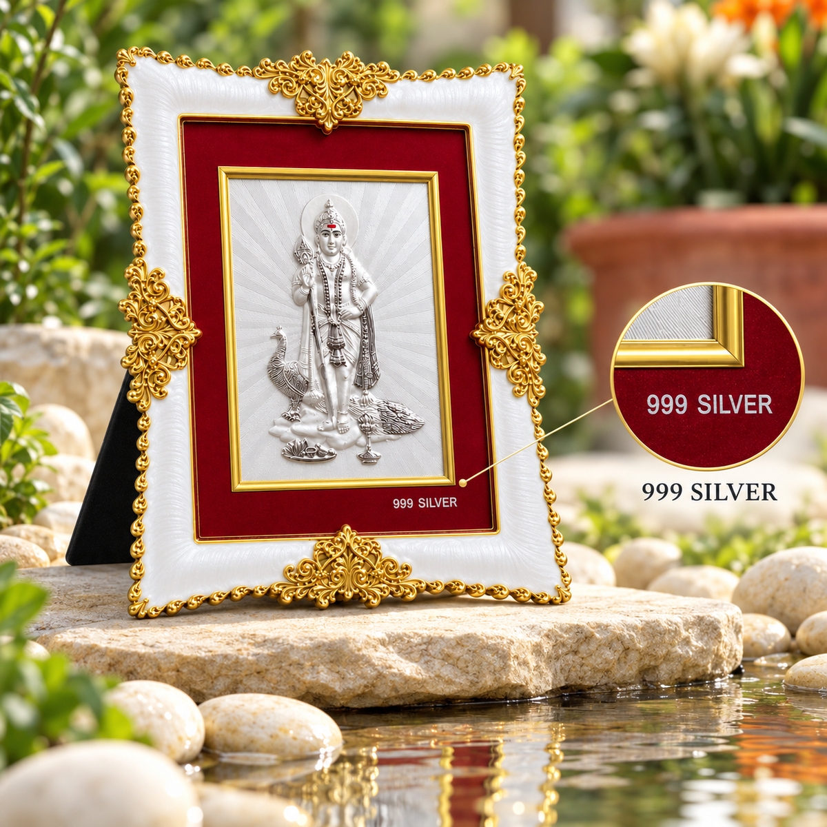 Akshat Sapphire Kartikeya Ji Murugan 999 Silver Deity Panel Frame, White & Gold-Tone Border, Home Mandir & Pooja Room Decor, Religious & Housewarming Gift