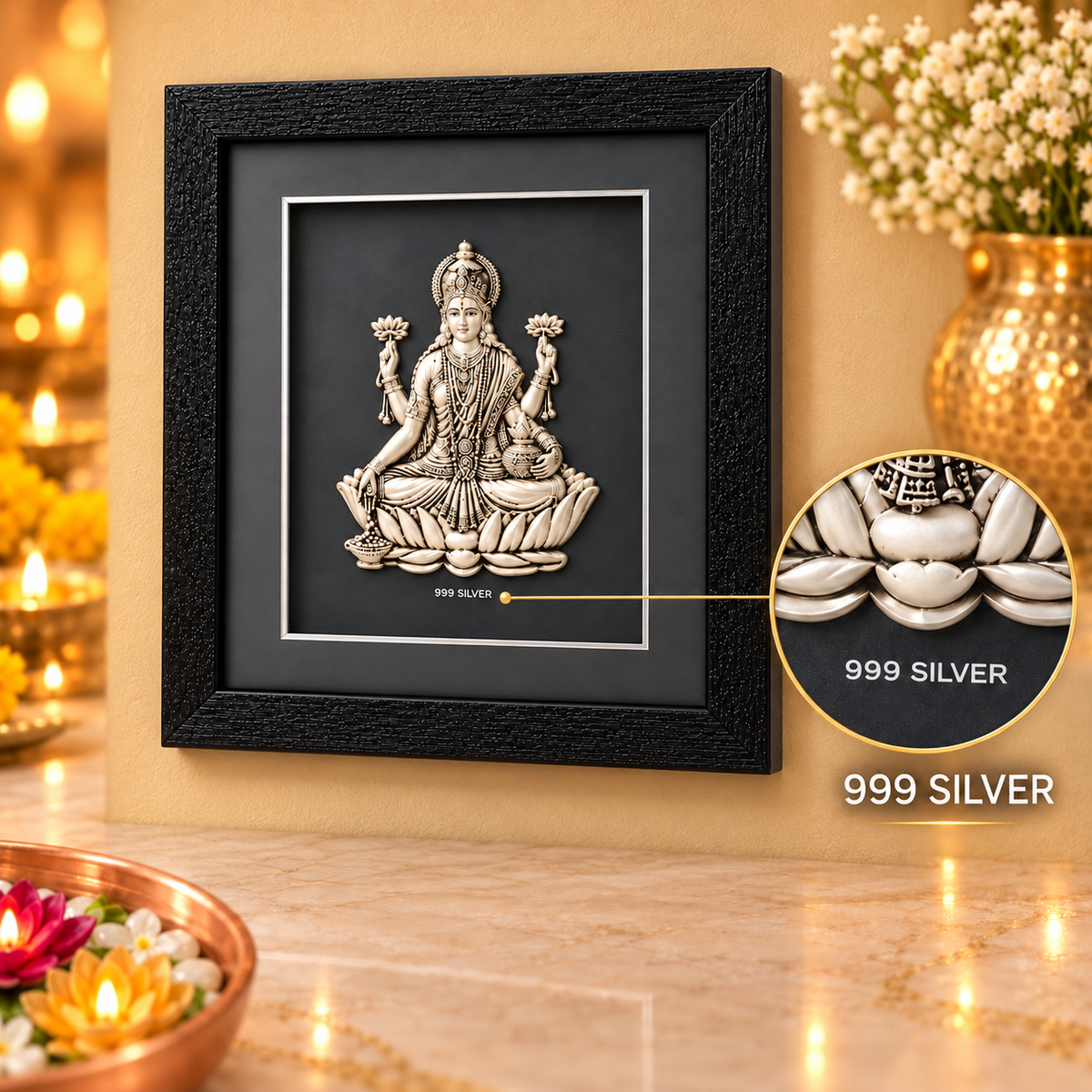 Akshat Sapphire 999 Silver Lakshmi Ji Wall Hanging Frame with Black Border | Maa Laxmi Religious Wall Decor for Home Mandir, Office & Diwali Gift-(FRB_LAXMI)