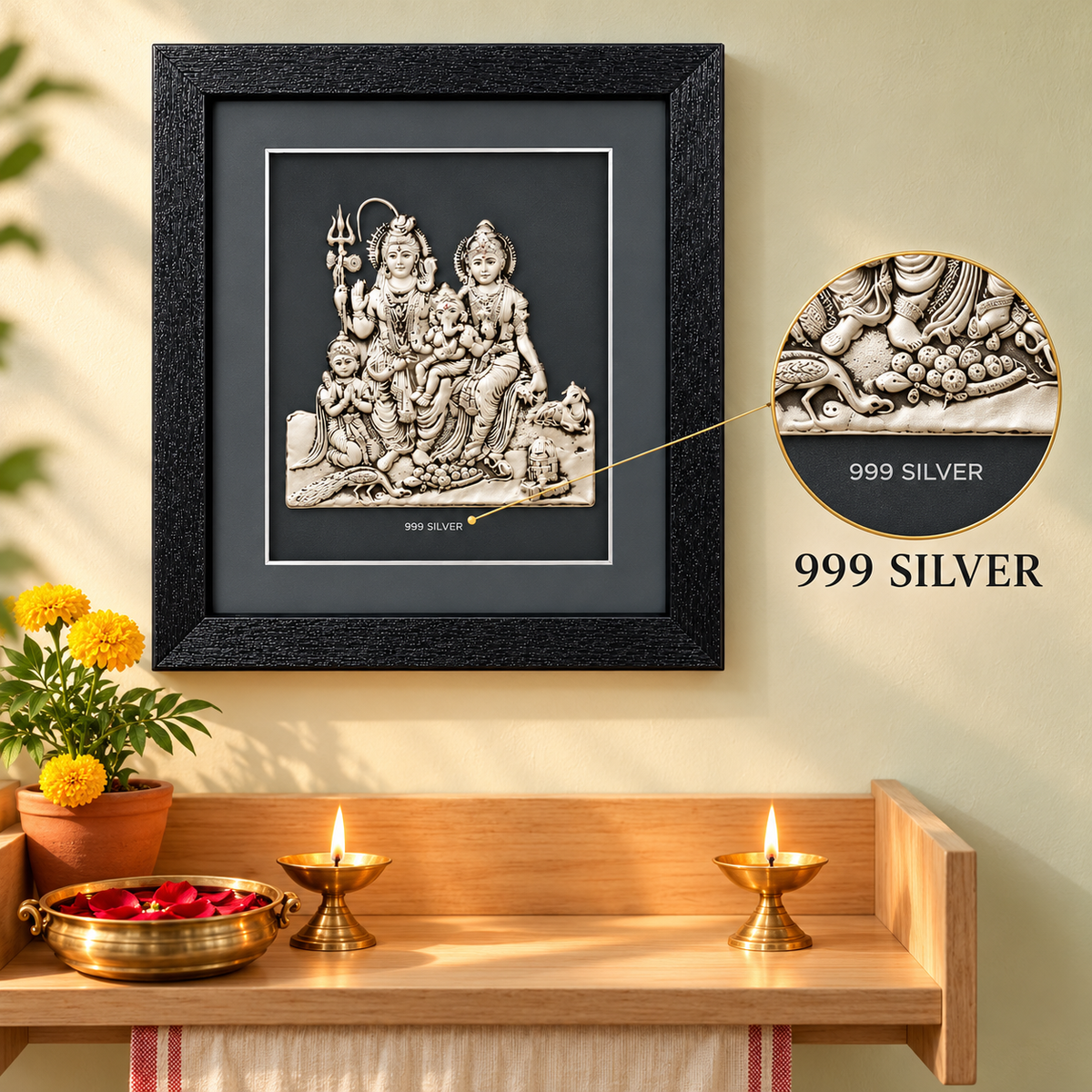 Akshat Sapphire 999 Silver Shiv Parivar Wall Hanging Frame with Black Border | Shiva Parvati Ganesh Kartikeya Religious Wall Decor for Home Mandir & Gifting-(FRB_Shiv Parivar)