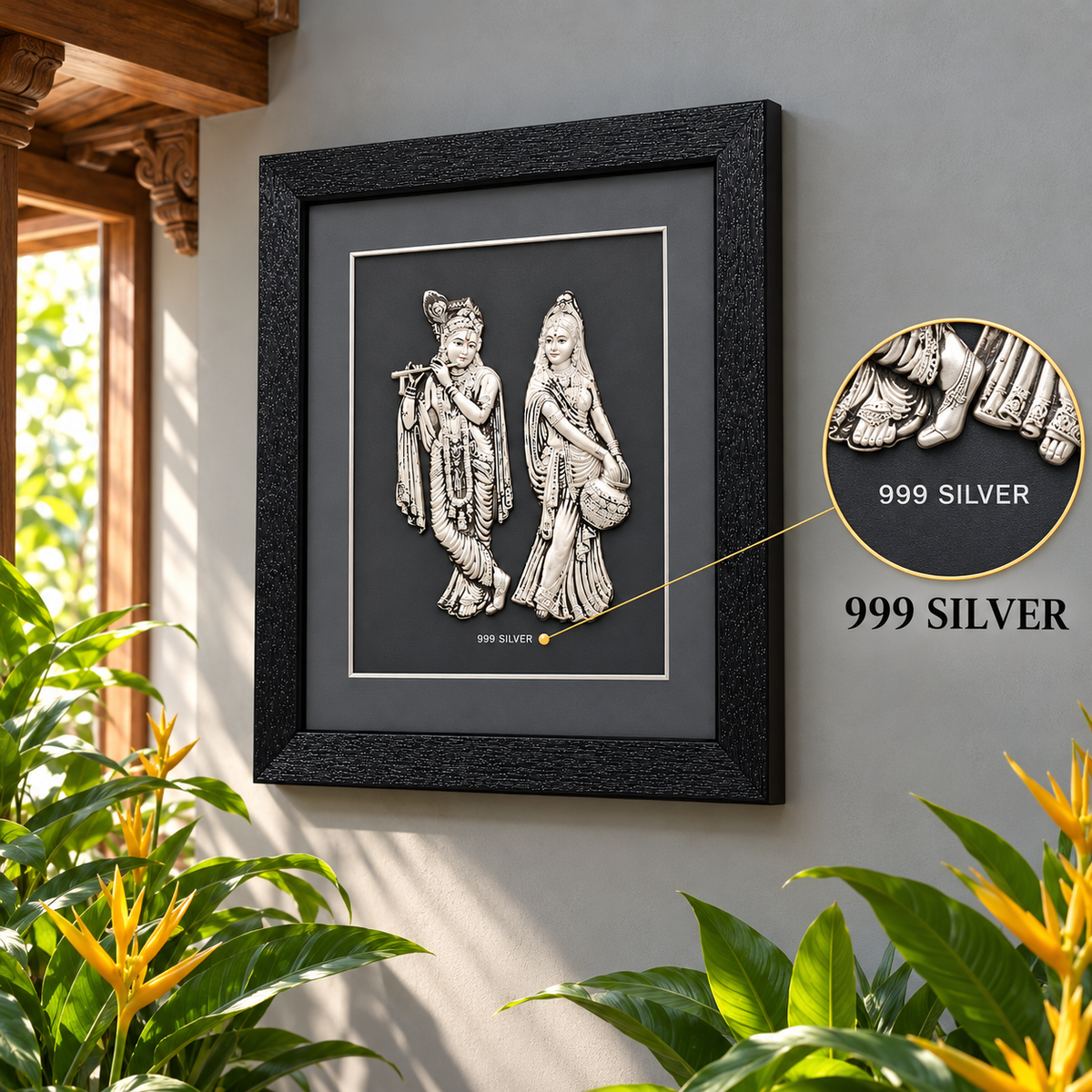 Akshat Sapphire 999 Silver Radha Krishna Wall Hanging Frame with Black Border | Religious Wall Decor for Home Mandir, Living Room & Wedding Gift