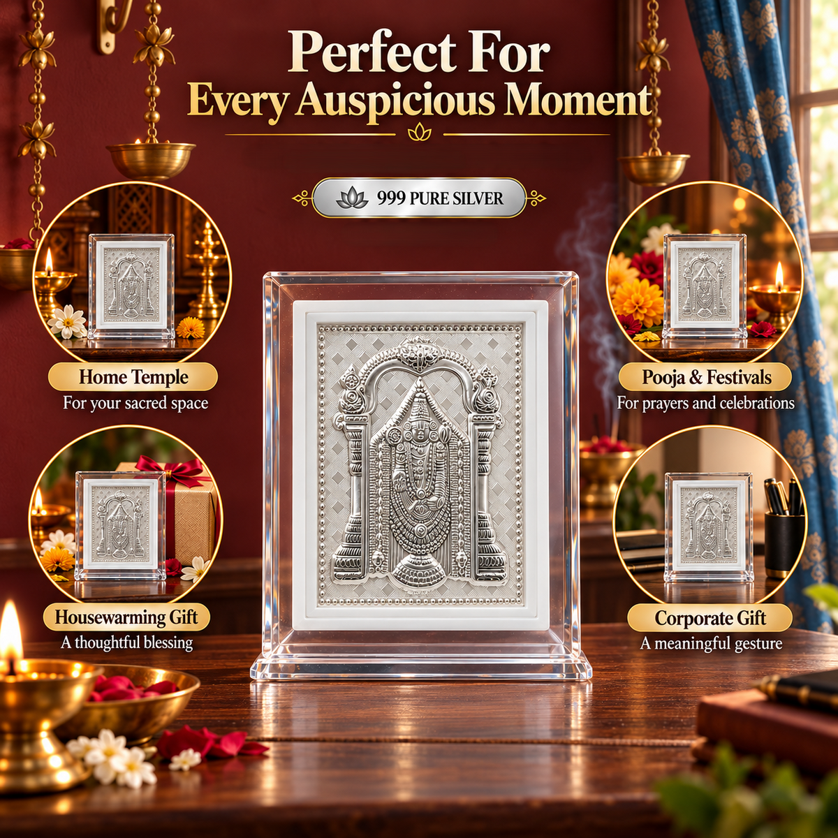 999 silver pure Tirupati Balaji Deity Frame | Religious Frame for Pooja, Home Temple & Office | Gift Ready