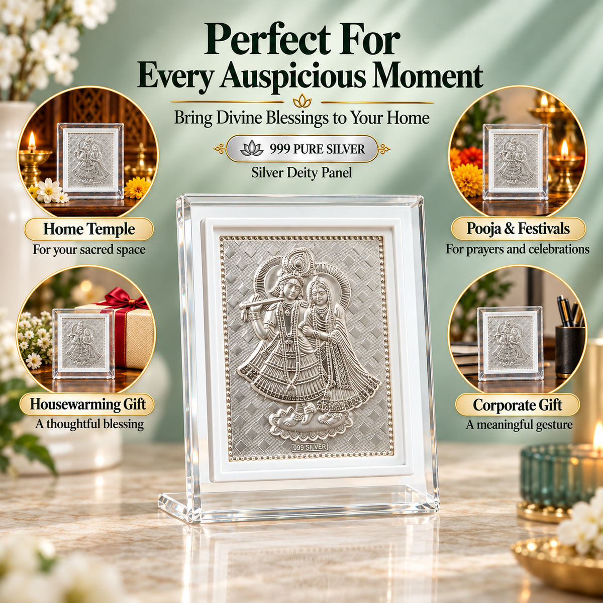 999 Pure Silver Radha Krishna Frame for Pooja, Home, Temple & Gifting