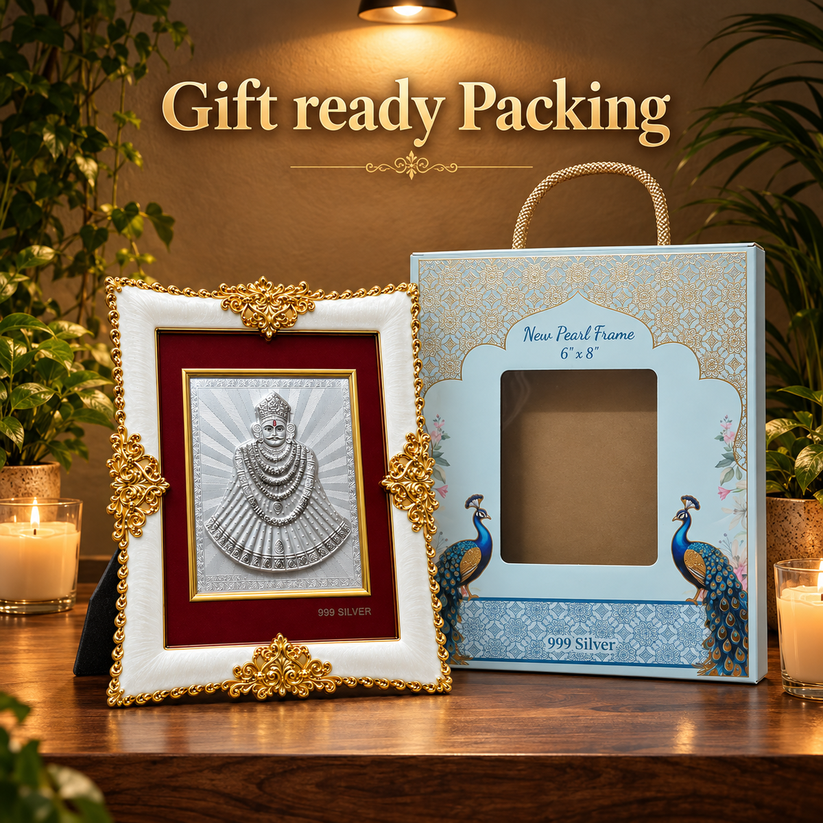 Akshat Sapphire Khatu Shyam Ji 999 Silver Deity Panel Frame, White & Gold-Tone Border, Home Mandir & Pooja Room Decor, Religious Housewarming & Diwali Gift
