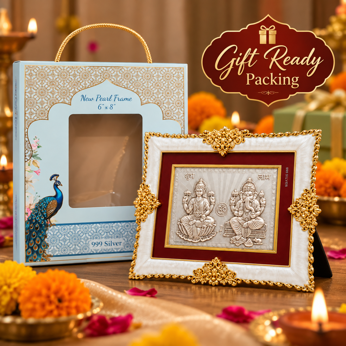 Akshat Sapphire Lakshmi Ganesh 999 Silver Deity Panel Frame with Stand, Shubh Labh & Om Design, Home Mandir Decor, Diwali & Housewarming Gift-(FRM_Laxmi Ganesh)