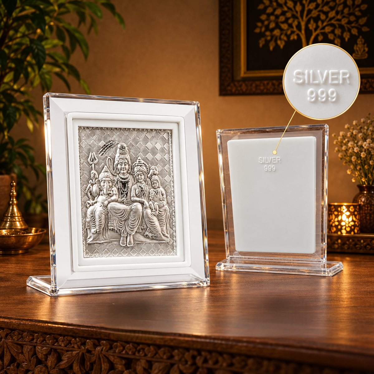 999 Silver Shiva Parivar Deity Frame | Shiv Parvati Ganesh Kartikeya | Gift Ready