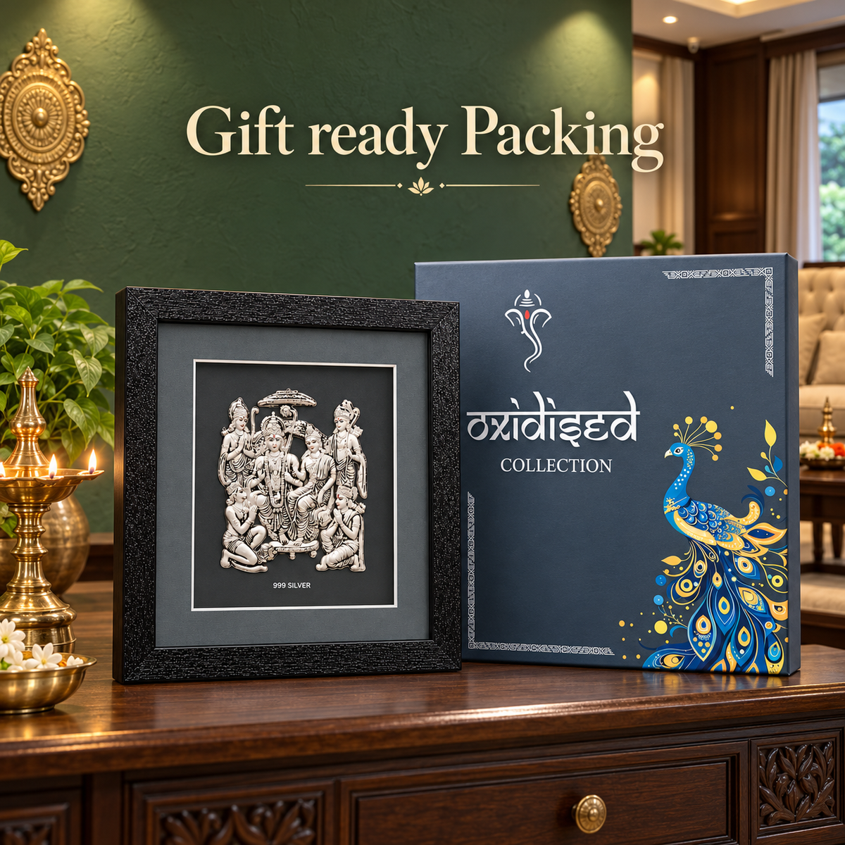 Akshat Sapphire 999 Silver Ram Darbar Wall Hanging Frame with Black Border | Shri Ram Sita Lakshman Hanuman Religious Wall Decor for Home Mandir & Gifting-(FRB_Ram Darbar)