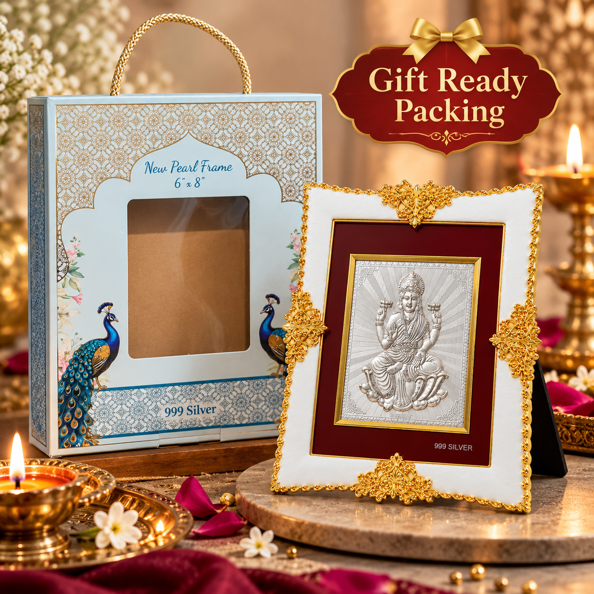 Akshat Sapphire Lakshmi Ji 999 Silver Deity Frame with Easel Stand|Home Mandir Decor, Diwali & Housewarming Gift