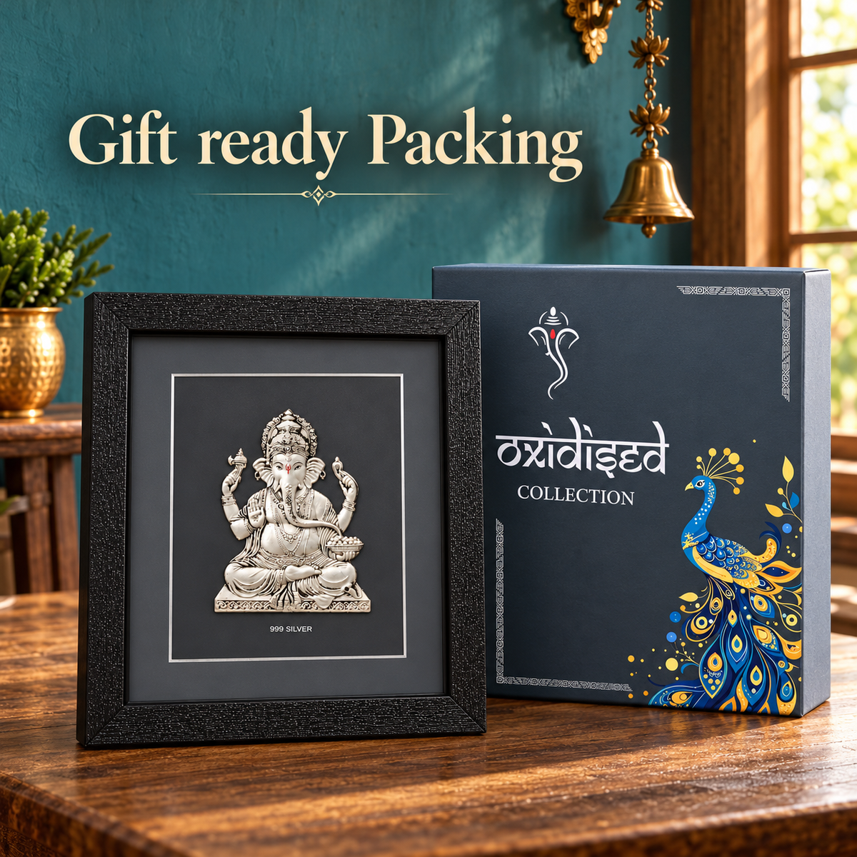 Akshat Sapphire 999 Silver Ganesh Ji Wall Hanging Frame with Black Border | Lord Ganesha Wall Decor for Home Mandir, Office & Housewarming Gift-(FRB_GANESH)