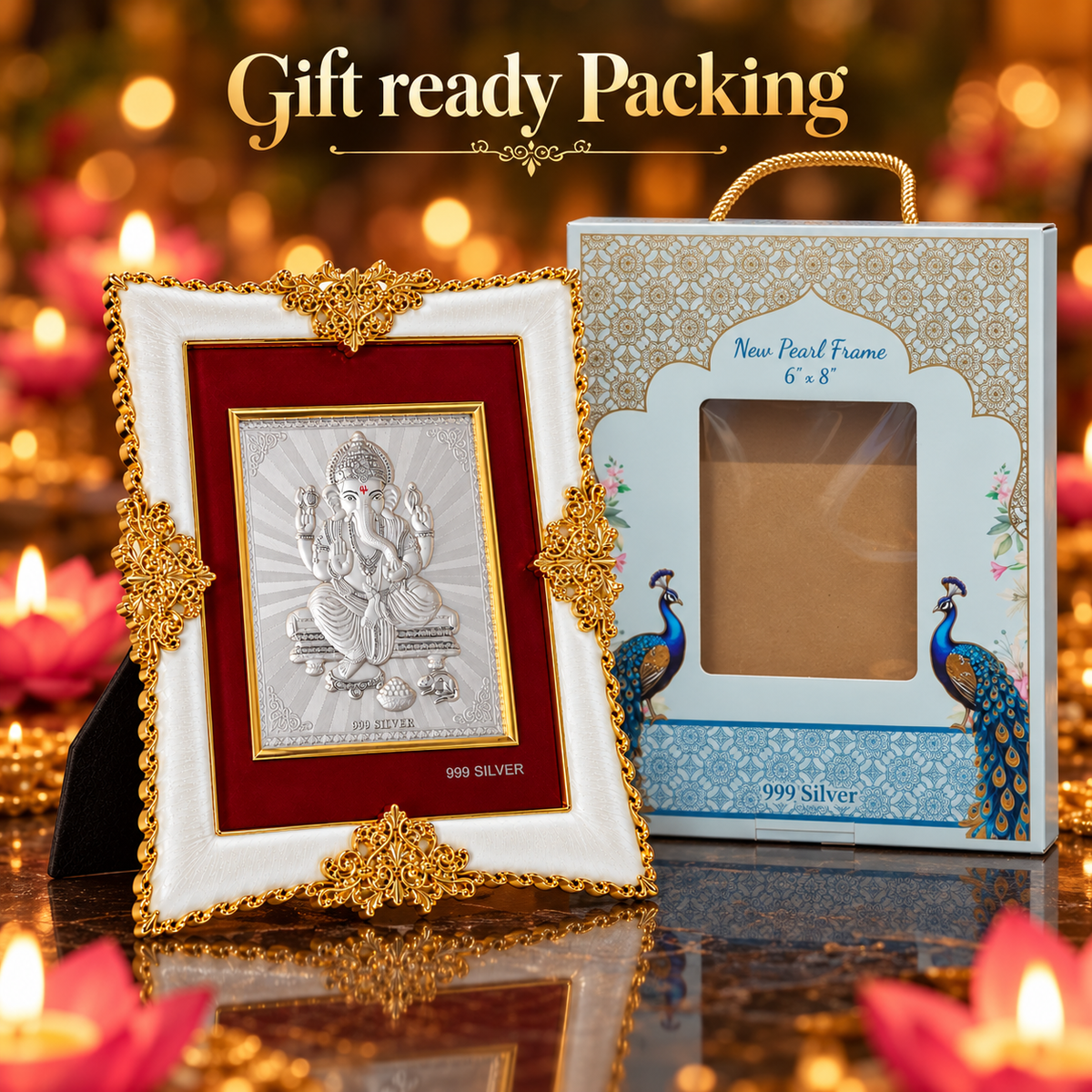 Akshat Sapphire Ganesh Ji 999 Silver Deity Panel Frame, White & Gold-Tone Border, Home Mandir & Pooja Room Decor, Ganesh Chaturthi & Housewarming Gift-(FRM_GANESH)
