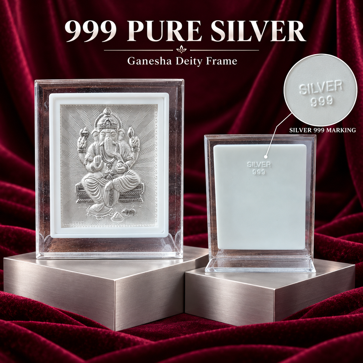 999 Pure Silver God Ganesh Frame with 999 Marking for Pooja, Home Temple, Diwali & Religious Gifting