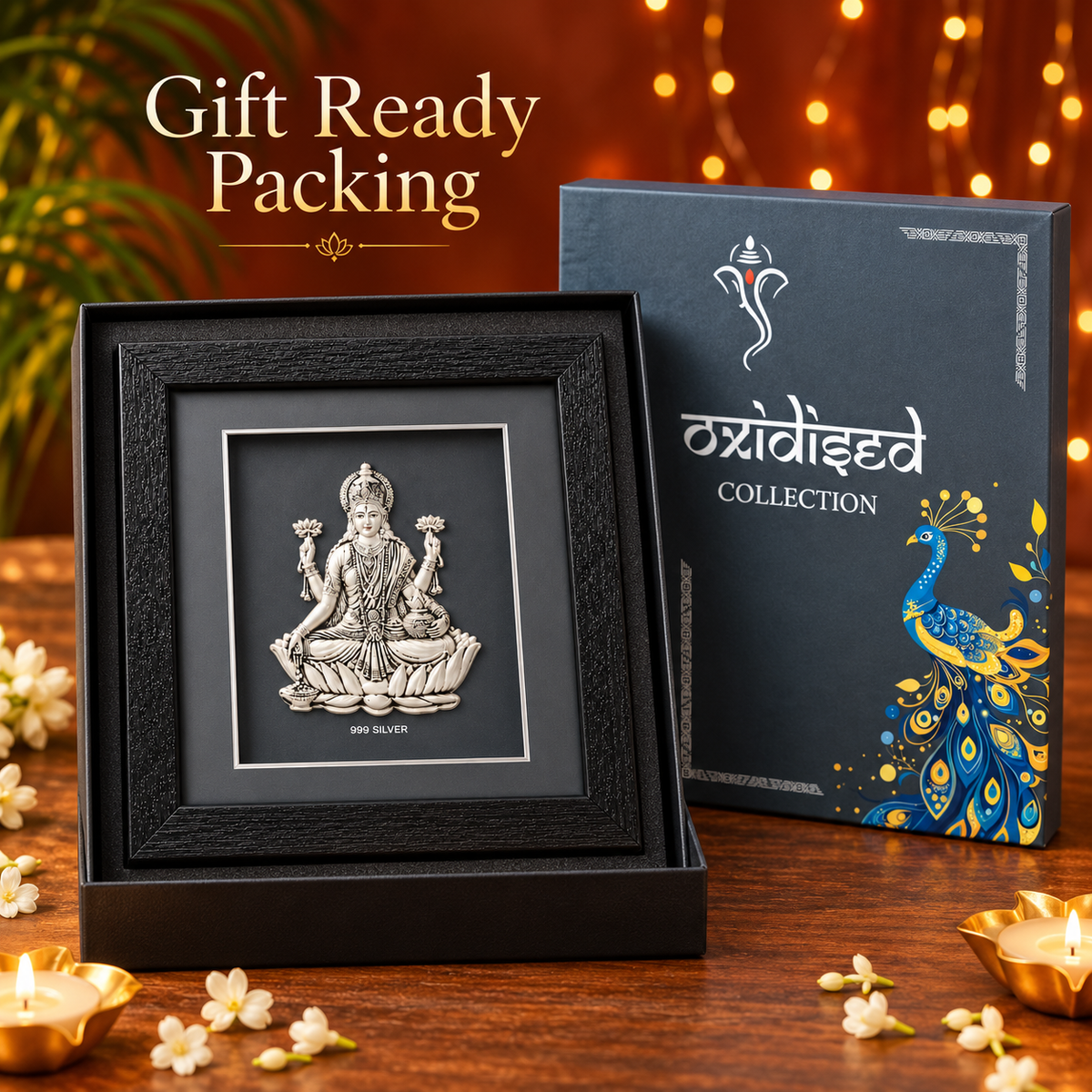 Akshat Sapphire 999 Silver Lakshmi Ji Wall Hanging Frame with Black Border | Maa Laxmi Religious Wall Decor for Home Mandir, Office & Diwali Gift-(FRB_LAXMI)