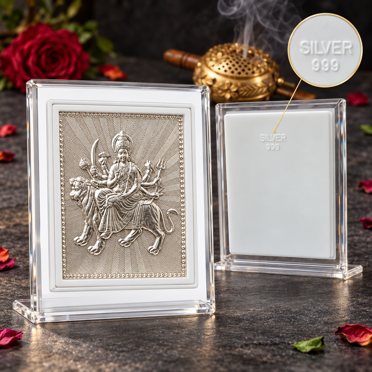 Durga Maa 999 Silver Deity Frame | Mata Rani Religious Frame for Pooja, Home Temple & Office | Gift Ready Pack