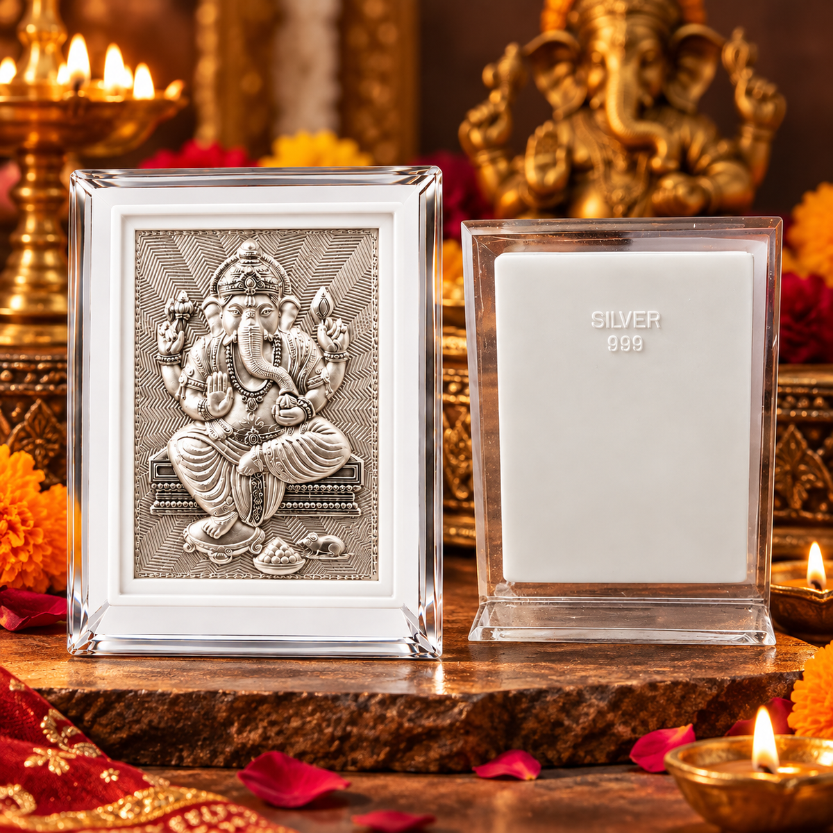 999 Silver Ganesh & Lakshmi Frame Set for Pooja & Gifting | Gift Ready