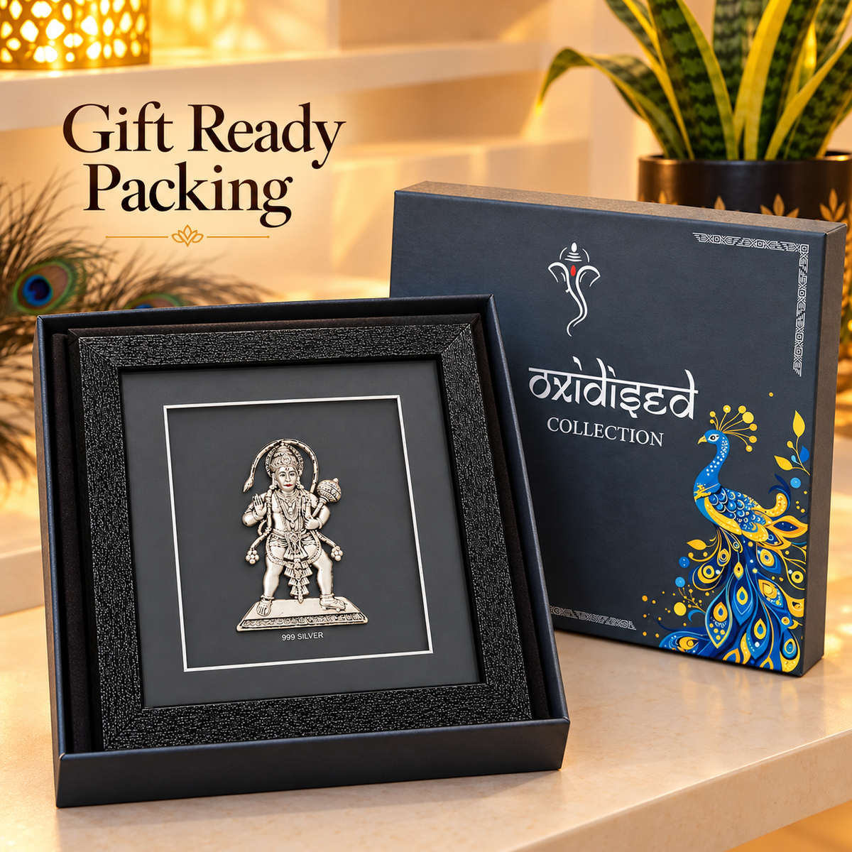 Akshat Sapphire 999 Silver Hanuman Ji Wall Hanging Frame with Black Border | Bajrang Bali Religious Wall Decor for Home Mandir, Office & Gifting