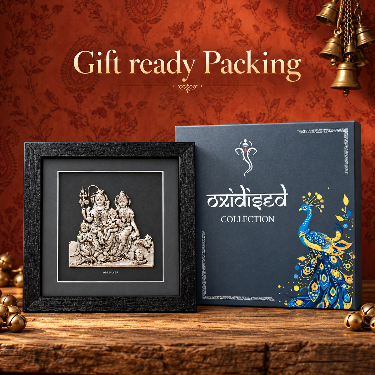 Akshat Sapphire 999 Silver Shiv Parivar Wall Hanging Frame with Black Border | Shiva Parvati Ganesh Kartikeya Religious Wall Decor for Home Mandir & Gifting-(FRB_Shiv Parivar)