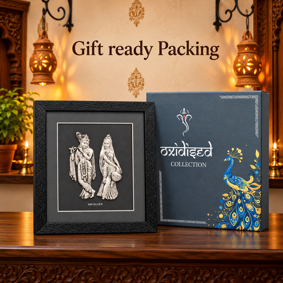 Akshat Sapphire 999 Silver Radha Krishna Wall Hanging Frame with Black Border | Religious Wall Decor for Home Mandir, Living Room & Wedding Gift