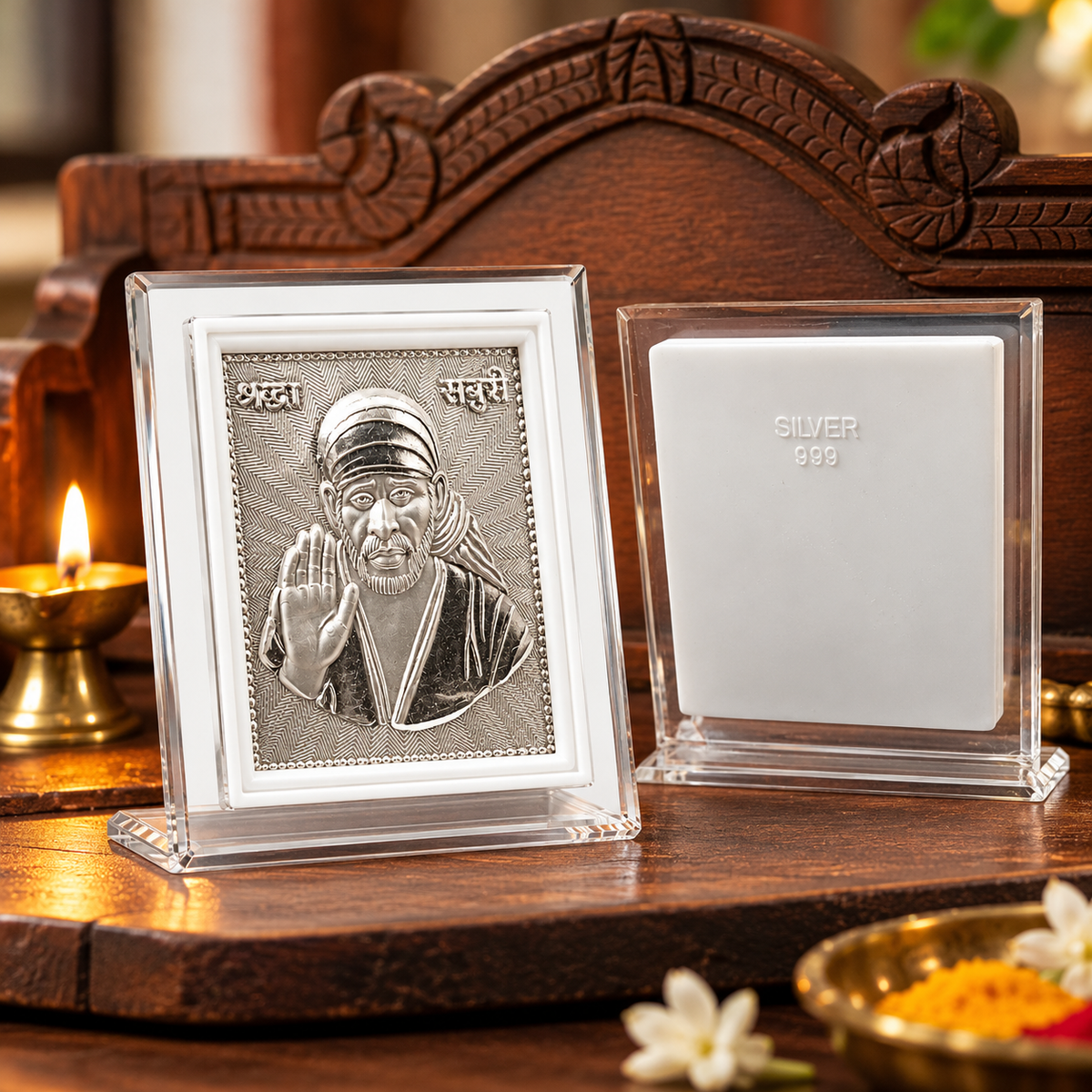 999 Marked Silver Deity Frame | Shirdi Sai Baba Religious Frame for Pooja, Home Temple & Office | Gift Ready Pack