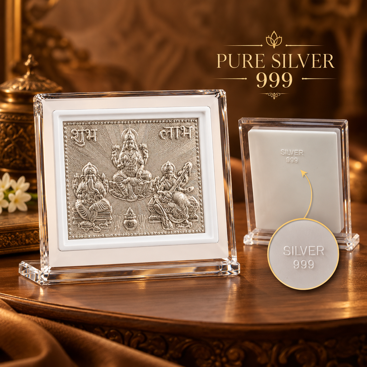 999 Pure Lakshmi Ganesh and Saraswati frame for Pooja & Home Temple Decor