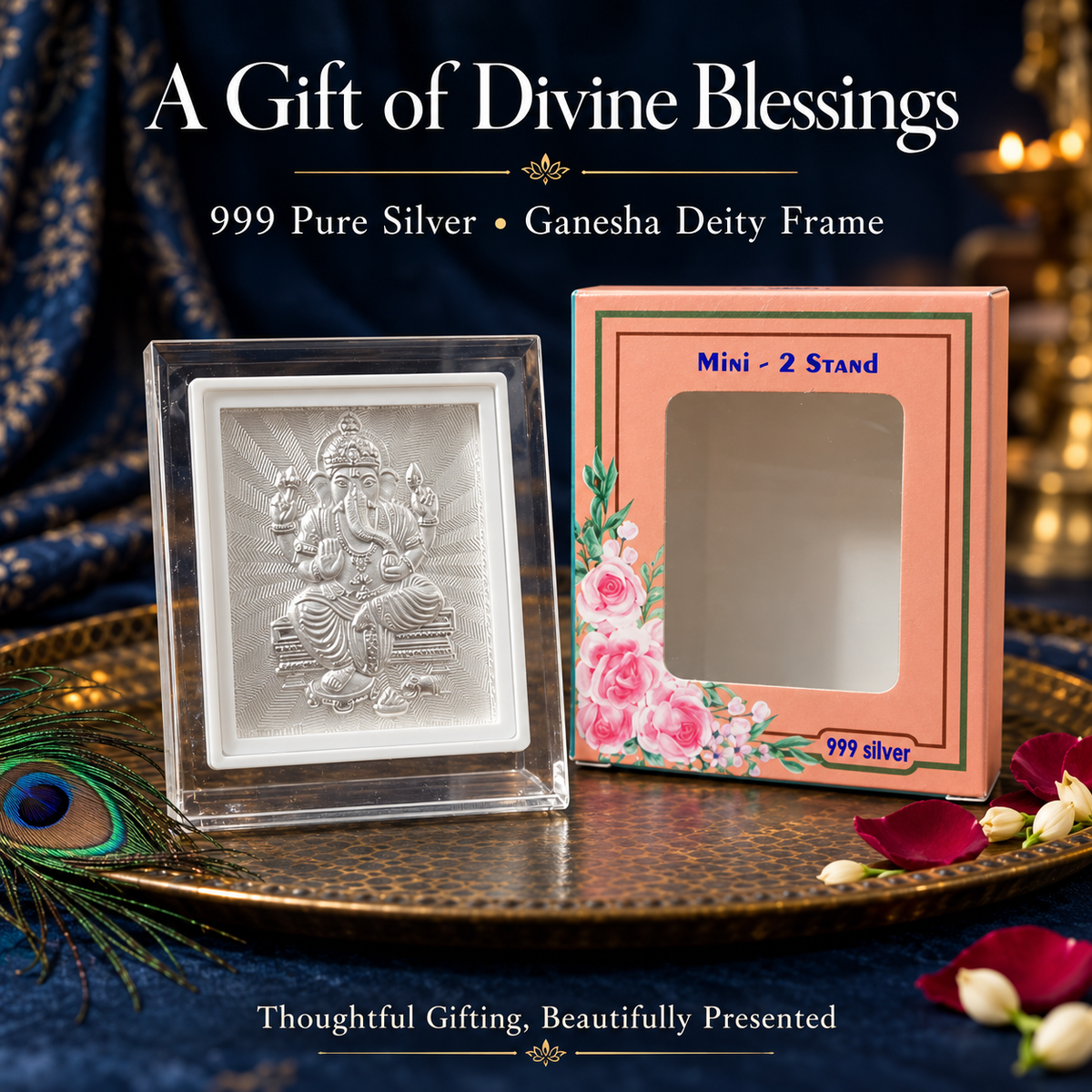 999 Pure Silver God Ganesh Frame with 999 Marking for Pooja, Home Temple, Diwali & Religious Gifting
