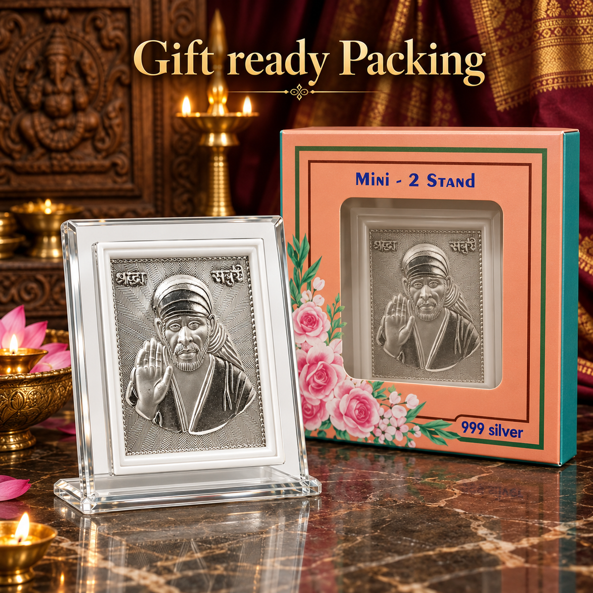 999 Marked Silver Deity Frame | Shirdi Sai Baba Religious Frame for Pooja, Home Temple & Office | Gift Ready Pack