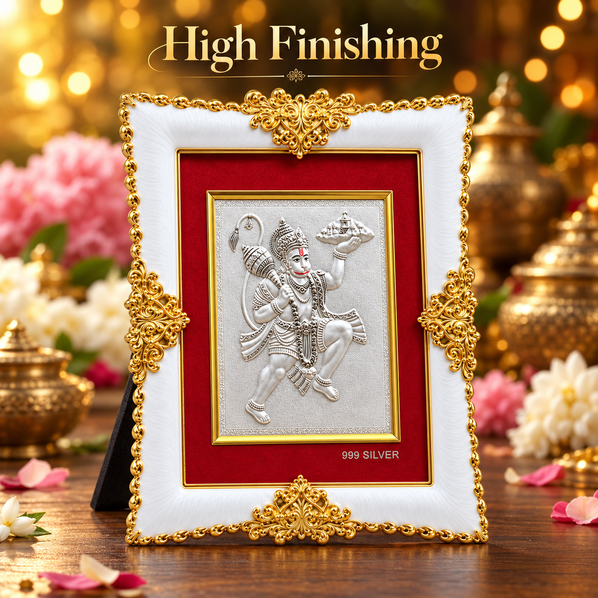Akshat Sapphire Hanuman Ji 999 Silver Deity Frame|Religious Decor for Home Mandir & Pooja Room, Housewarming Gif-(FRM_HANUMAN)