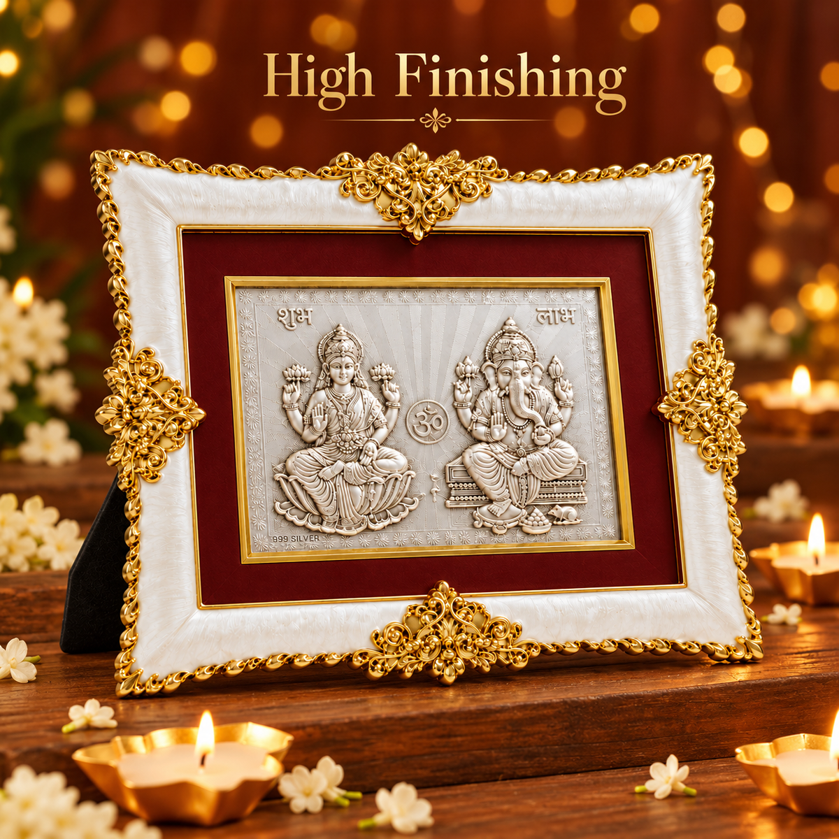 Akshat Sapphire Lakshmi Ganesh 999 Silver Deity Panel Frame with Stand, Shubh Labh & Om Design, Home Mandir Decor, Diwali & Housewarming Gift-(FRM_Laxmi Ganesh)