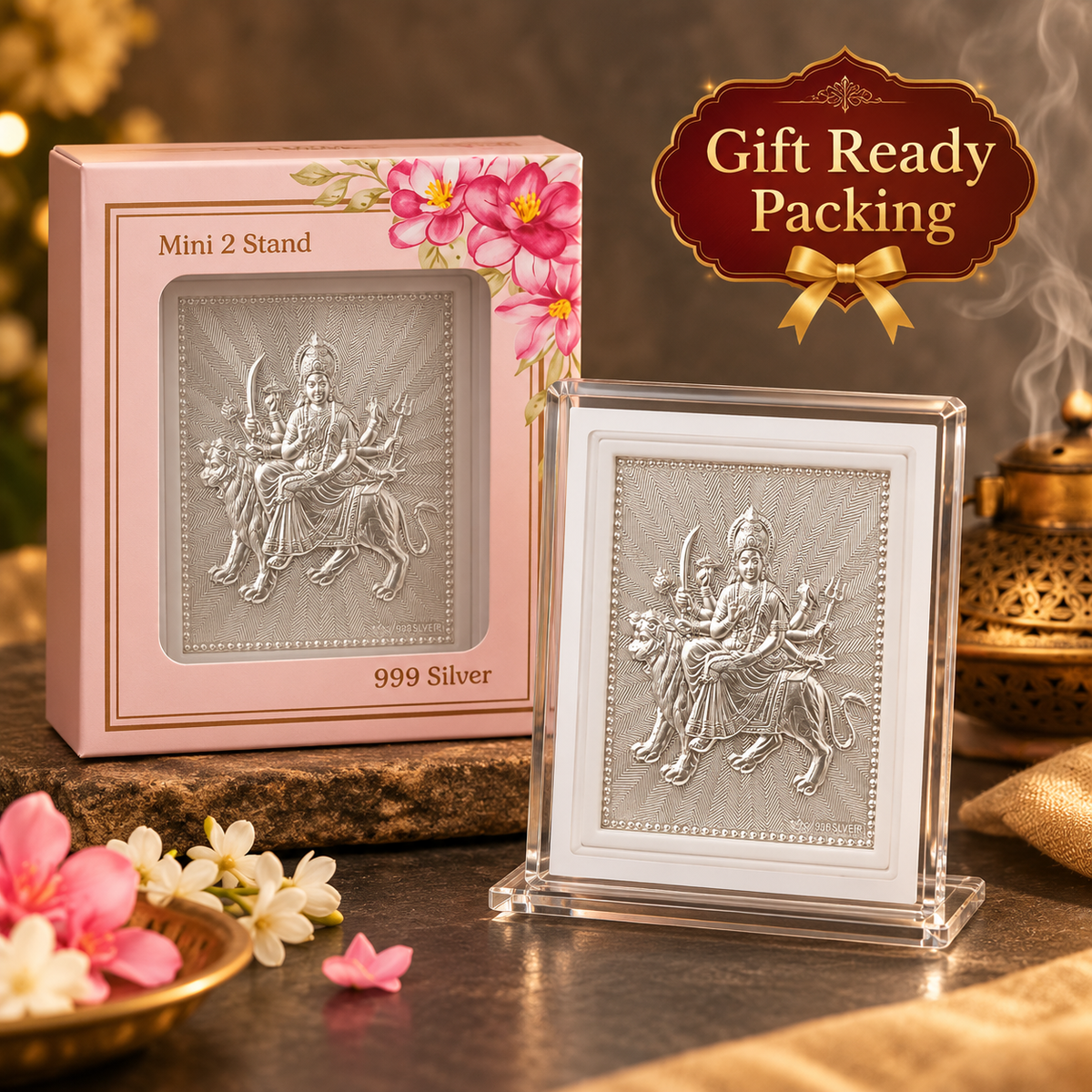 Durga Maa 999 Silver Deity Frame | Mata Rani Religious Frame for Pooja, Home Temple & Office | Gift Ready Pack