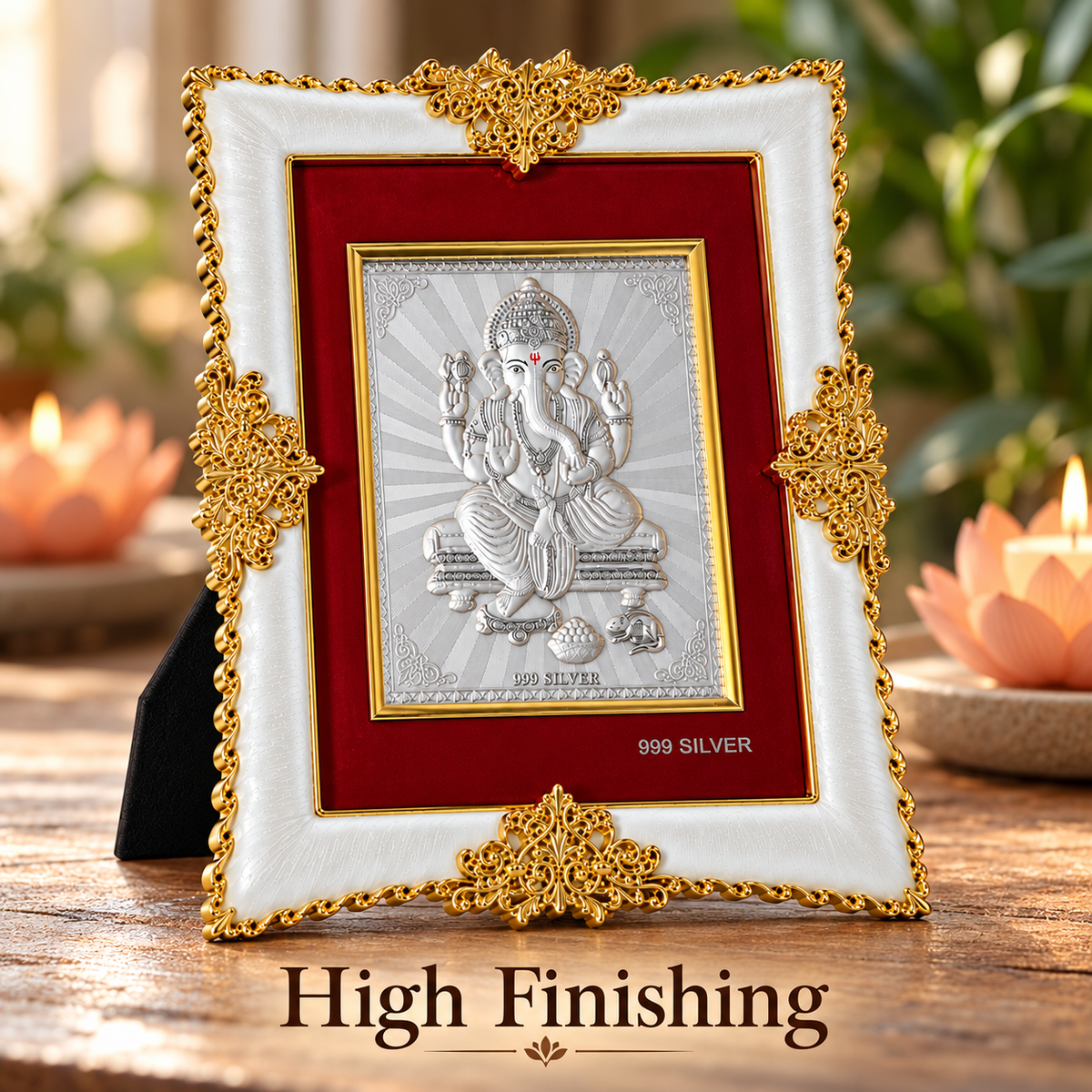 Akshat Sapphire Ganesh Ji 999 Silver Deity Panel Frame, White & Gold-Tone Border, Home Mandir & Pooja Room Decor, Ganesh Chaturthi & Housewarming Gift-(FRM_GANESH)