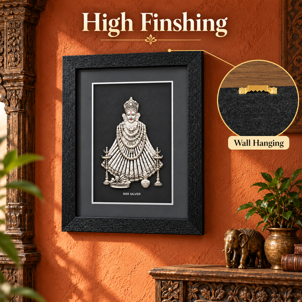 Akshat Sapphire 999 Silver Khatu Shyam Ji Wall Hanging Frame with Black Border | Shyam Baba Religious Wall Decor for Home Mandir, Office & Gifting-(FRB_Khatu Shyam)