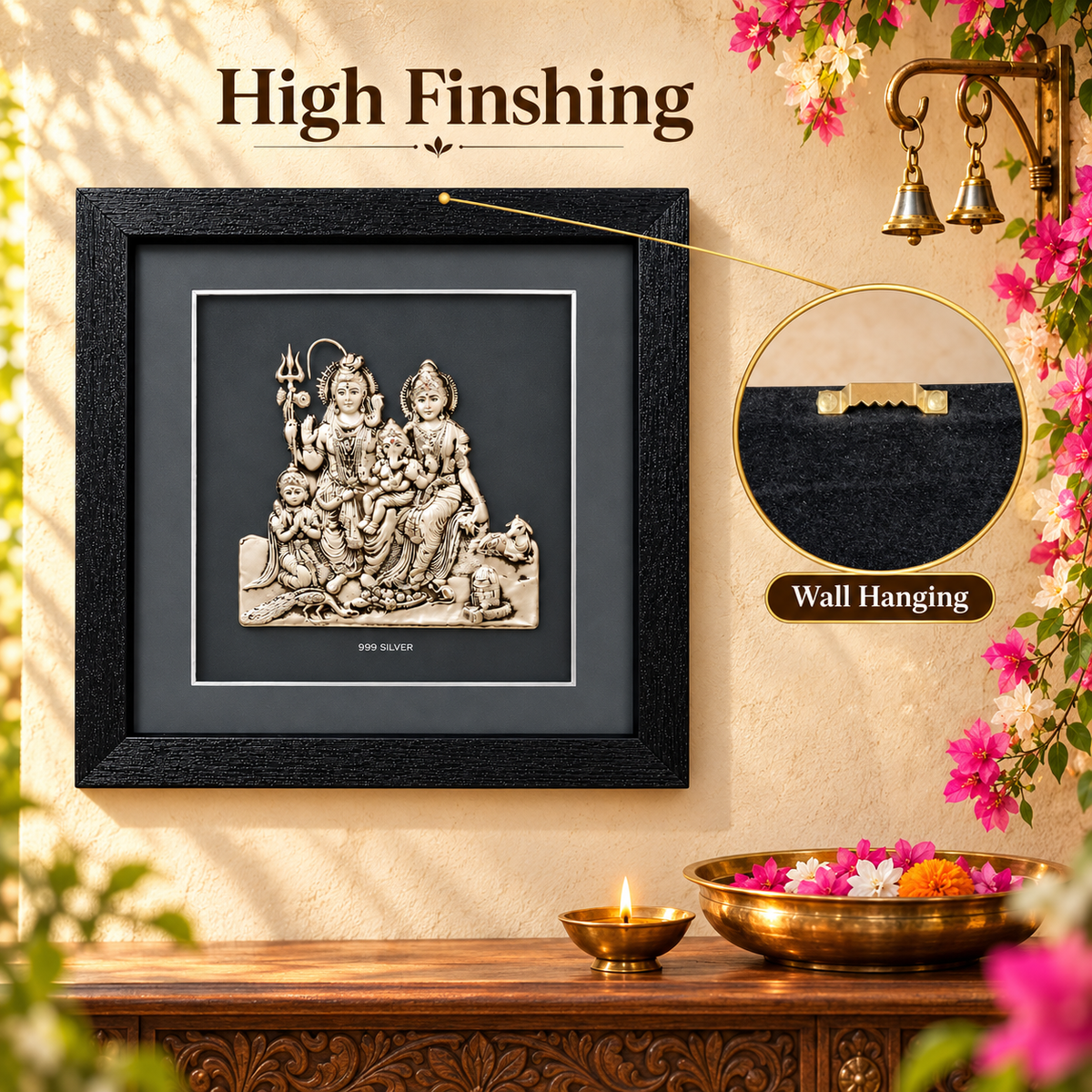 Akshat Sapphire 999 Silver Shiv Parivar Wall Hanging Frame with Black Border | Shiva Parvati Ganesh Kartikeya Religious Wall Decor for Home Mandir & Gifting-(FRB_Shiv Parivar)