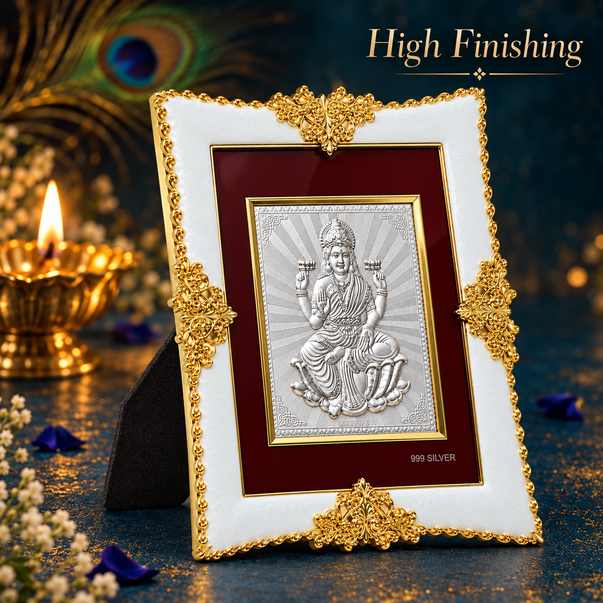 Akshat Sapphire Lakshmi Ji 999 Silver Deity Frame with Easel Stand|Home Mandir Decor, Diwali & Housewarming Gift