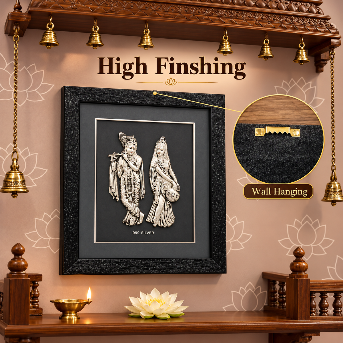 Akshat Sapphire 999 Silver Radha Krishna Wall Hanging Frame with Black Border | Religious Wall Decor for Home Mandir, Living Room & Wedding Gift