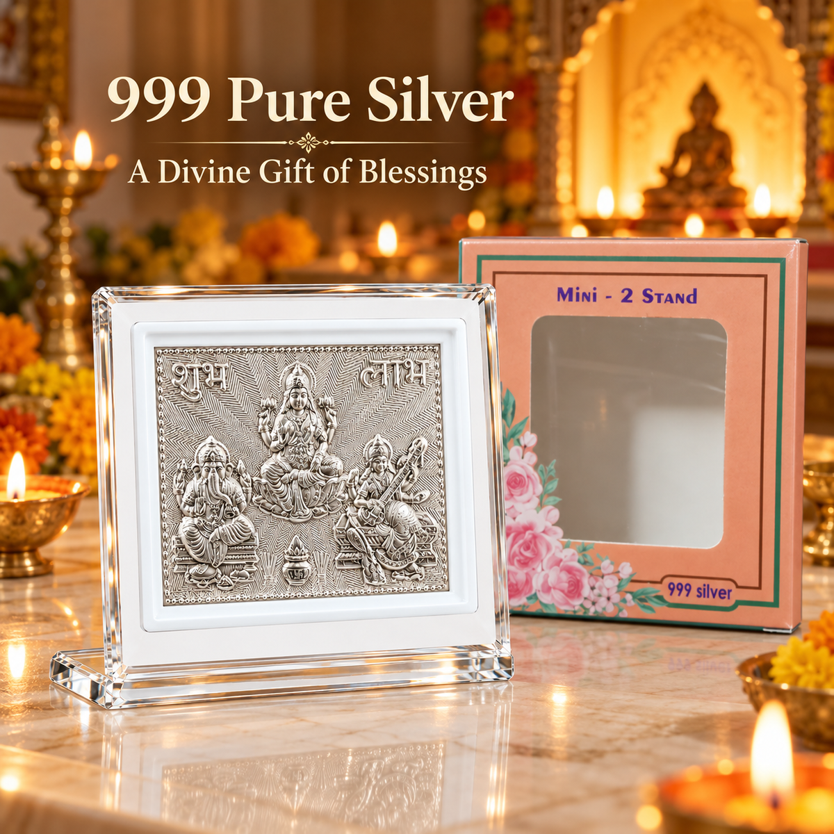 999 Pure Lakshmi Ganesh and Saraswati frame for Pooja & Home Temple Decor