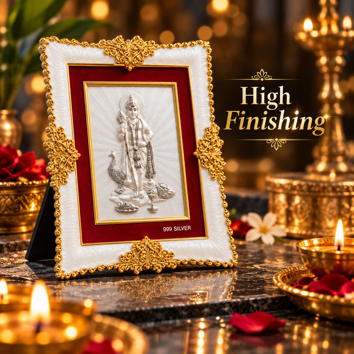 Akshat Sapphire Kartikeya Ji Murugan 999 Silver Deity Panel Frame, White & Gold-Tone Border, Home Mandir & Pooja Room Decor, Religious & Housewarming Gift