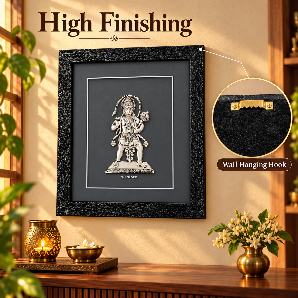Akshat Sapphire 999 Silver Hanuman Ji Wall Hanging Frame with Black Border | Bajrang Bali Religious Wall Decor for Home Mandir, Office & Gifting